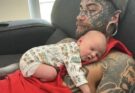 A dad whose body is completely covered in tattoos transforms himself for the sake of his young daughter